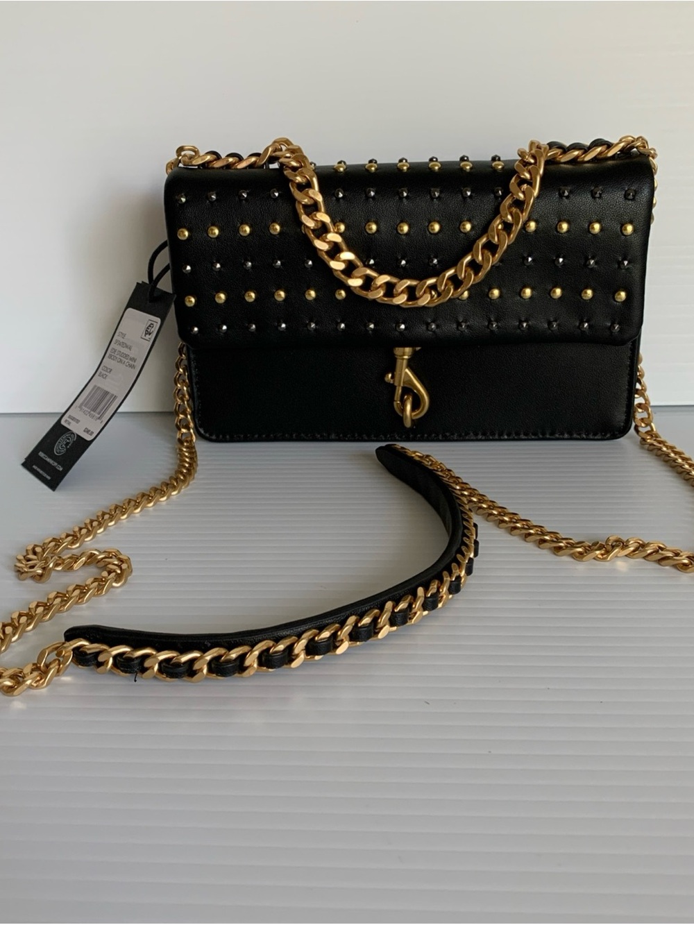 NWT Rebecca Minkoff Edie Studded Mini Xbody On A Chain Black SF24TEDWAL